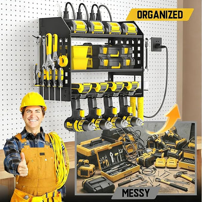 SPACECARE Power Tool Organizer with Charging Station 6 Outlets, 3-Layer Heavy Duty Wall Mount Drill Storage Rack, Cordless Tool with Utility Shelf, Garage Organization and Storage for Workshop- Black