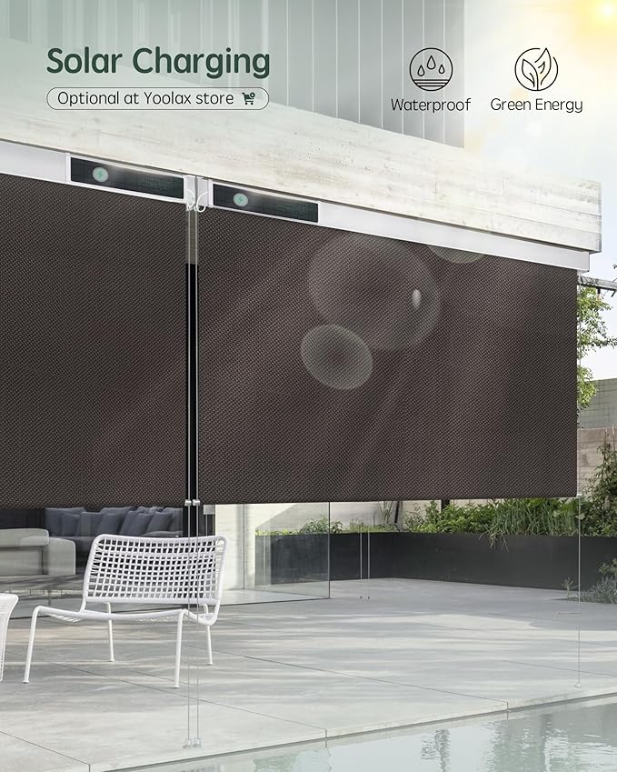 Yoolax Customized Motorized Outdoor Shades, Smart Blinds Compatible with Alexa Google, Remote Control Waterproof Blinds for Patio Porch Windows Outside (1% Openness Rich Chocolate Lover)