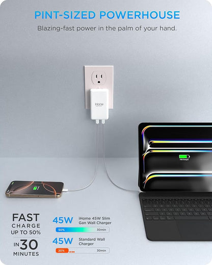 iHome GaN Universal Charger, USB C Block with Power Delivery, Folding Prongs, Travel Friendly, Compact for Phone, Tablet, and USB-C Devices (White, 45W)