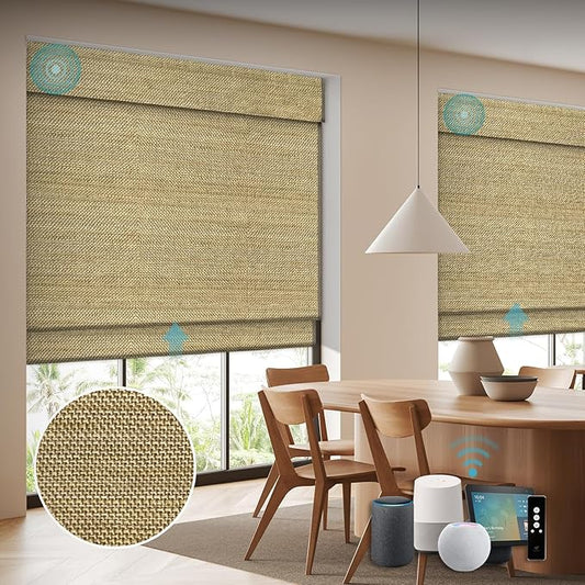 SmartWings Motorized Wood Blinds Smart Wooven Shades Blackout/Light fitlering for Windows, with Remote for Bedroom Living Room, Work with Matter Zigbee Alexa Z-Wave Google Home, Customized, Kenaf 040