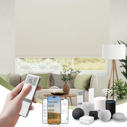 FineTell Motorized Blinds with Remote, 100% Blackout Roller Shades Compatible with Alexa,Apple Homekit,Google Home APP and Voice Control, Customized Electric Blinds (100% Blackout Pure Cream)