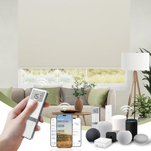 FineTell Motorized Blinds with Remote, 100% Blackout Roller Shades Compatible with Alexa,Apple Homekit,Google Home APP and Voice Control, Customized Electric Blinds (100% Blackout Pure Cream)