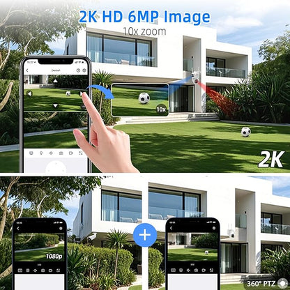 Dual-Lens Wireless Security Camera Outdoor, 2K HD 6MP View, Indoor WiFi Connection, Smart Night Vision, Ai Motion Detection and Tracking, Light and Siren Alarm, 64G SD Card (Included)