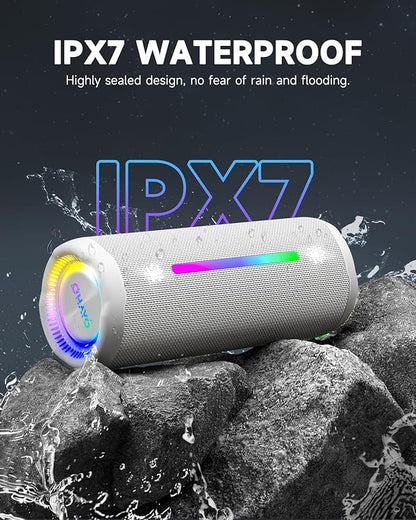 OHAYO Bluetooth Speaker, Portable Wireless, IPX7 Waterproof, Powerful 25W Sound, 24H Playtime, Dual Pairing, Active Bass, Colorful Lights, Bluetooth 5.3, Outdoor Speakers for Home/Party/Beach, White