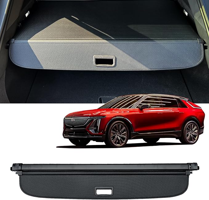 AUXKO Retractable Cargo Cover for 2025 2024 2023 Cadillac Lyriq, Carbon Fiber Trunk Cover Luggage Security Shade Cover Shielding Shade Anti-Peeping Luggage Privacy Screen with 4PCS Headrest Hooks