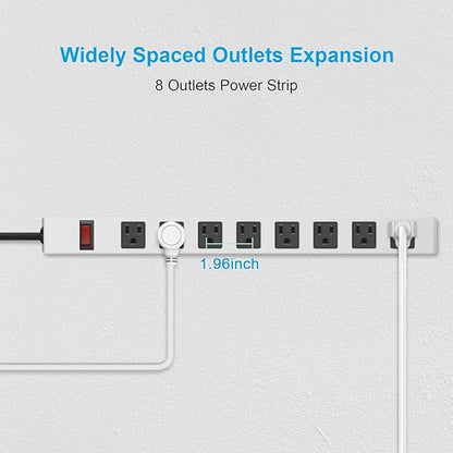 JUNNUJ Metal 8 Outlet Power Strip, Mountable Heavy Duty Power Strip, 1200J Surge Protector Wall Mount Screws Outlet with Switch, Gaming Desk Strips Wide Spaced 15A 125V 1875W, 6 FT 14AWG Power Cord