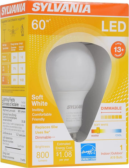 Sylvania A19 LED Light Bulb, 9W, 60W Equivalent, 13 Years, Dimmable, 800 Lumens, 2700K, Soft White - 1 Pack (74687)