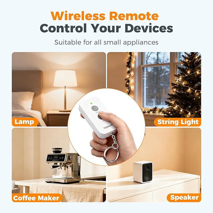 Remote Control Outlet, TESSAN Wireless Light Switch, Electrical Remote Outlet with ON/Off Switch for Indoor String Lights, Lamps, Fan, Small Appliances, 1250W 100ft RF Range