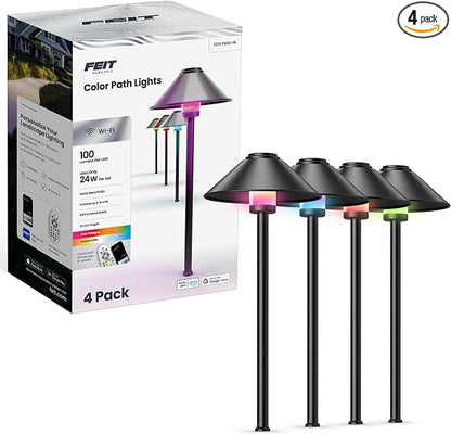 Feit Electric Smart Outdoor Cone Path Lights, 100 Lumens, Color Changing & Tunable White, Music Sync, Works with Alexa & Google Home, App & Remote Control, 15,000-Hour Lifetime, PATH/RGBW/AG/4, 4-Pack