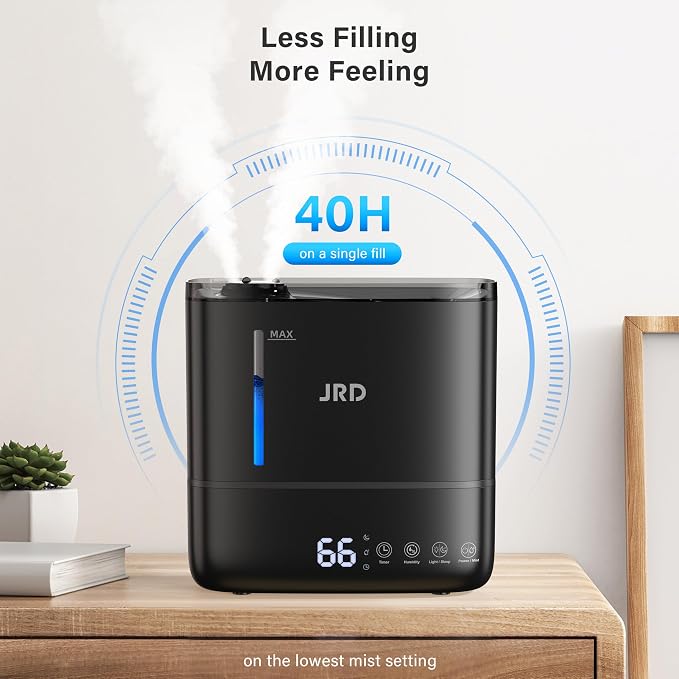 JRD Top Fill 4L Humidifiers for Bedroom, Cool Mist Humidifiers for Large Room, 40H Runtime, 360° Nozzle, Essential Oil Diffuser, Ultrasonic Humidifier for Home Baby Plants-Black