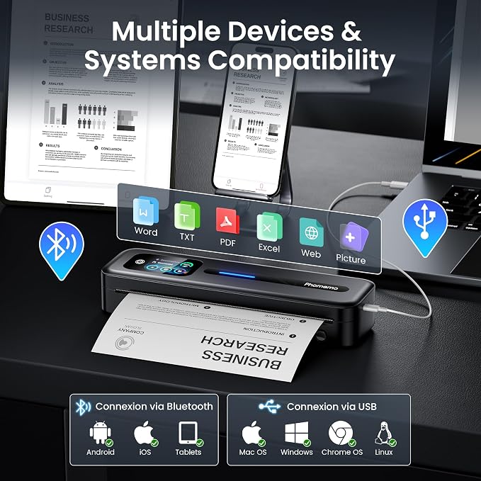 Phomemo M832D Touchscreen Portable Printer Inkless Thermal Wireless Travel | 8.5 x 11 & A4 Size, 300DPI, Bluetooth Small Mobile Compact Printer for Phone/Laptop/Tablet, for Home/Car/School/Office, Black