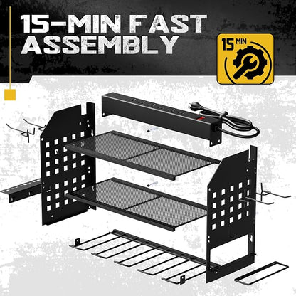 SPACECARE Power Tool Organizer with Charging Station 6 Outlets, 3-Layer Heavy Duty Wall Mount Drill Storage Rack, Cordless Tool with Utility Shelf, Garage Organization and Storage for Workshop- Black