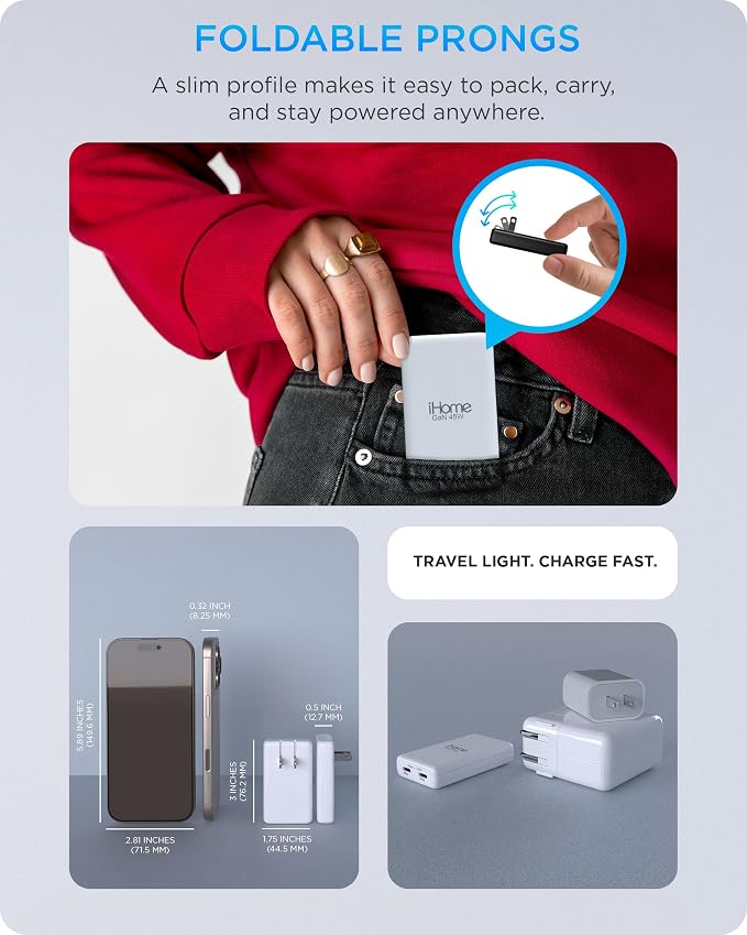 iHome GaN Universal Charger, USB C Block with Power Delivery, Folding Prongs, Travel Friendly, Compact for Phone, Tablet, and USB-C Devices (White, 45W)
