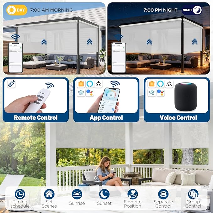 Motorized Outdoor Shades, Custom Patio Roller Blinds with Remote, Smart Exterior Sun Shades Compatible with Alexa, HomeKit, Google Home (3% Openness Sliver)