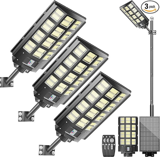 3-Pack 9500W Solar Street Light-240000LM IP67 Waterproof, Dusk to Dawn, Solar Street Lights Outdoor, with Motion Sensor Remote Control,Wide Angle Lamp for Parking lot Lights
