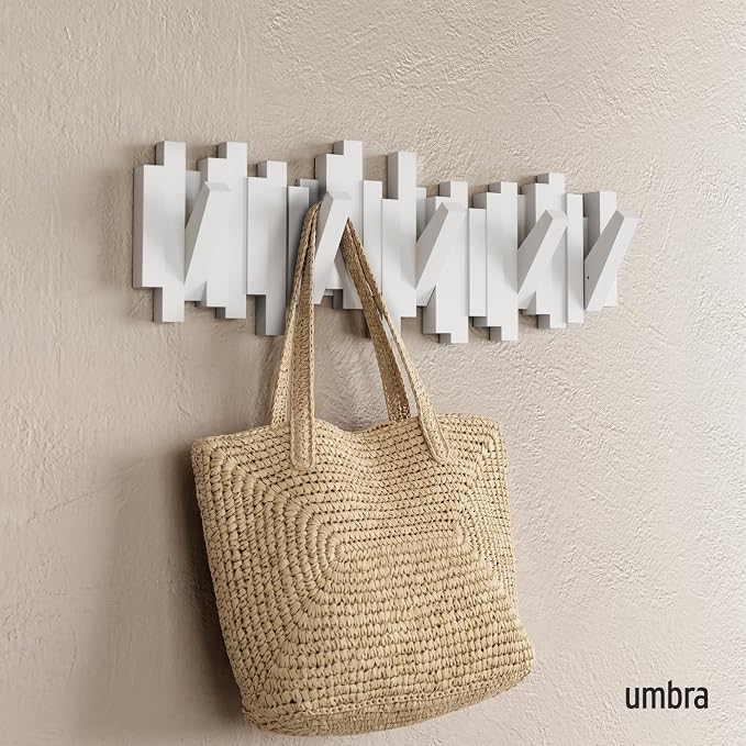 Umbra Sticks Wall Mount Coat Rack, 5 Hook Retractable Pegs, White | Mounting hardware included, sculptural modern design, entryway or bedroom use, recycled plastic