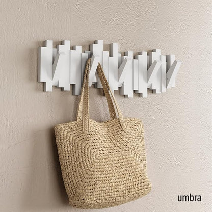 Umbra Sticks Wall Mount Coat Rack, 5 Hook Retractable Pegs, White | Mounting hardware included, sculptural modern design, entryway or bedroom use, recycled plastic
