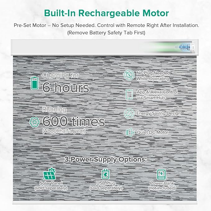 Motorized Roller Shades, 10O% Blackout Remote Control Custom Window Shades Compatible with Alexa Google Assistant via RF Hub, Rechargeable Electric Blinds for Windows (Texture Black Grey)