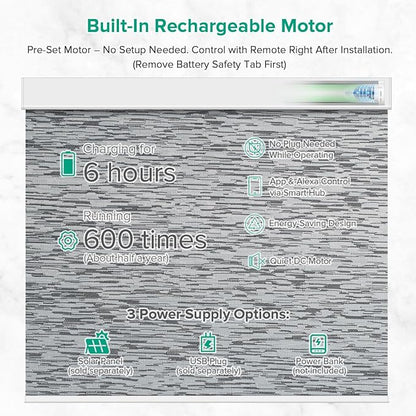 Motorized Roller Shades, 10O% Blackout Remote Control Custom Window Shades Compatible with Alexa Google Assistant via RF Hub, Rechargeable Electric Blinds for Windows (Texture Black Grey)