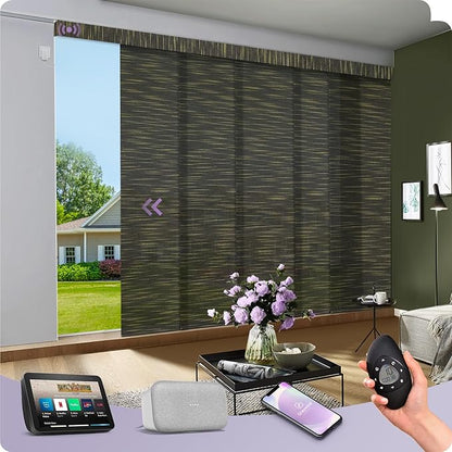 Graywind Motorized Natural Sliding Panels Compatible with Alexa Google Light Filtering Smart Panel Track Blinds for Patio Sliding Door, Custom Size (Truffle)