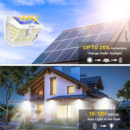 TECKNET 231 LED Solar Motion Lights Outdoor, 300° Angle & 3 Lighting Modes, PIR Motion Sensor & IP65 Security Solar Wall Lights for Fence Front Door Yard Deck Garden Garage(4 Pack)