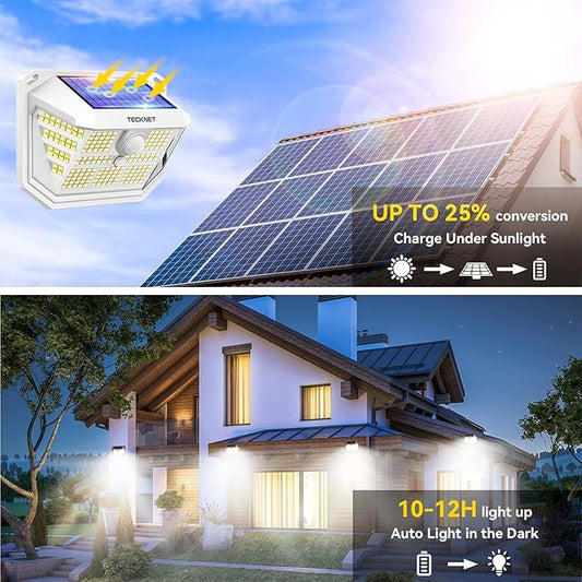 TECKNET 231 LED Solar Motion Lights Outdoor, 300° Angle & 3 Lighting Modes, PIR Motion Sensor & IP65 Security Solar Wall Lights for Fence Front Door Yard Deck Garden Garage(4 Pack)