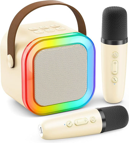 Mini Karaoke Machine for Kids Adults, 2026 TOP Birthday Gifts for Girls Boys 3,4,5,6,7,8+Year Old Toddler Toys, Portable Bluetooth Speaker with 2 Wireless Karaoke Microphones Player (Light Beige)