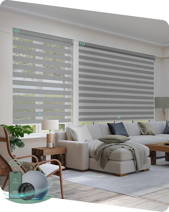 Yoolax Motorized Zebra Blinds Compatible with Alexa,Motorized Blinds with Remote Smart Automatic Custom Electric Window Blinds Cordless Indoor Room Darkening for Home Bedroom Kitchen (Enamel Grey)