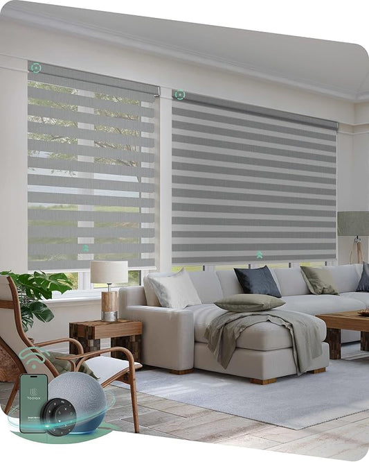 Yoolax Motorized Zebra Blinds Compatible with Alexa,Motorized Blinds with Remote Smart Automatic Custom Electric Window Blinds Cordless Indoor Room Darkening for Home Bedroom Kitchen (Enamel Grey)