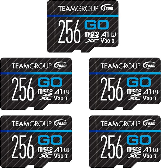 TEAMGROUP GO Card 256GB x 5 Pack MicroSDXC UHS-I U3 V30 4K for Action Cameras & Drone High Speed Flash Memory Card with Adapter for Outdoor Sports&Vlog, 4K Shooting,GoPro&Insta360&DJI TGUSDX256GU363