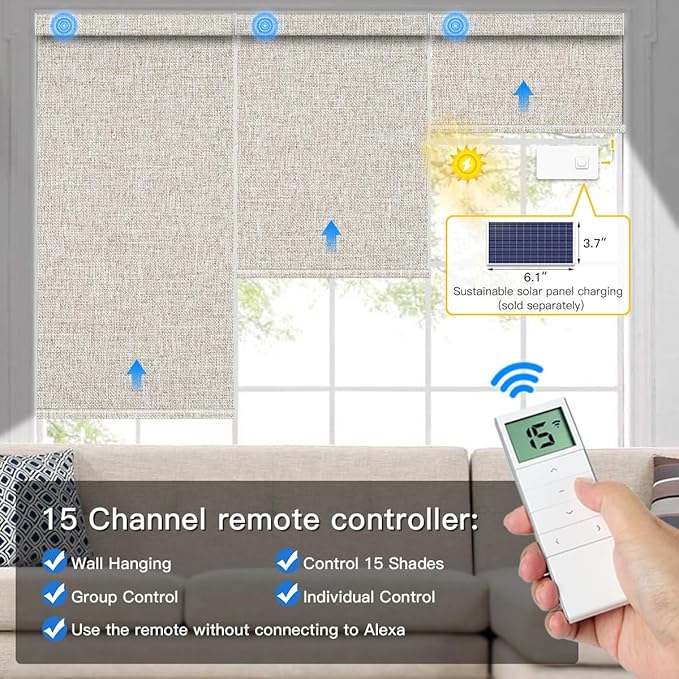 Tokblind Motorized Blackout Roller Shade Fabric Covered Valance and Bottom Rod, Remote Control Electric Window Blind Compatible with Alexa Google via Hub, Custom Size (Beige - Wrapped Fabric)