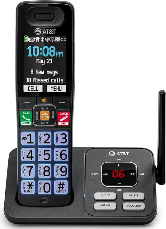 AT&T Cordless Phone, Landline Phones for Home with Smart Call Blocker, 1 Handsets Bluetooth Phone, Large Color Display, Big Buttons, Long Range, Digital Answering System: BL108 (Charcoal & Silver)