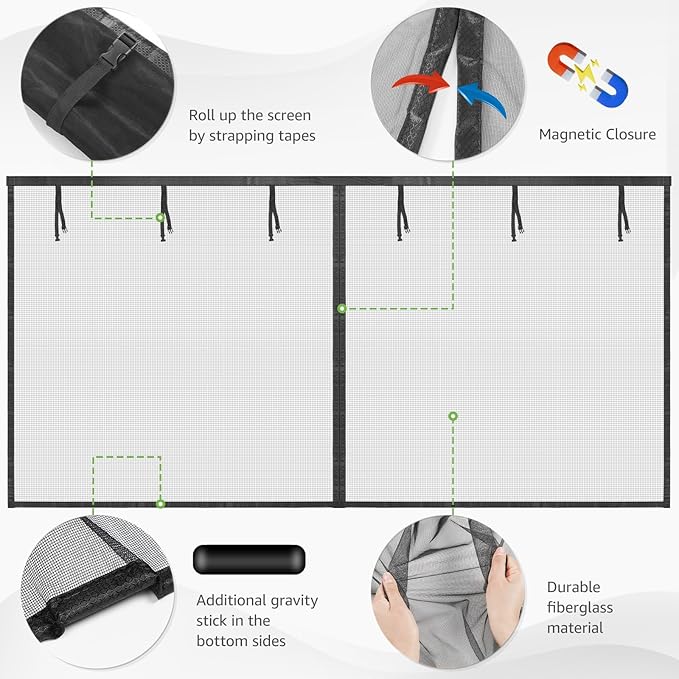 Garage Door Screen - 1 Car 9x8Ft Magnetic Closure Heavy Duty Weighted Bottom Screen Self Sealing Fiberglass Mesh Retractable Net-Easy Assembly&Pass-Through(Black)
