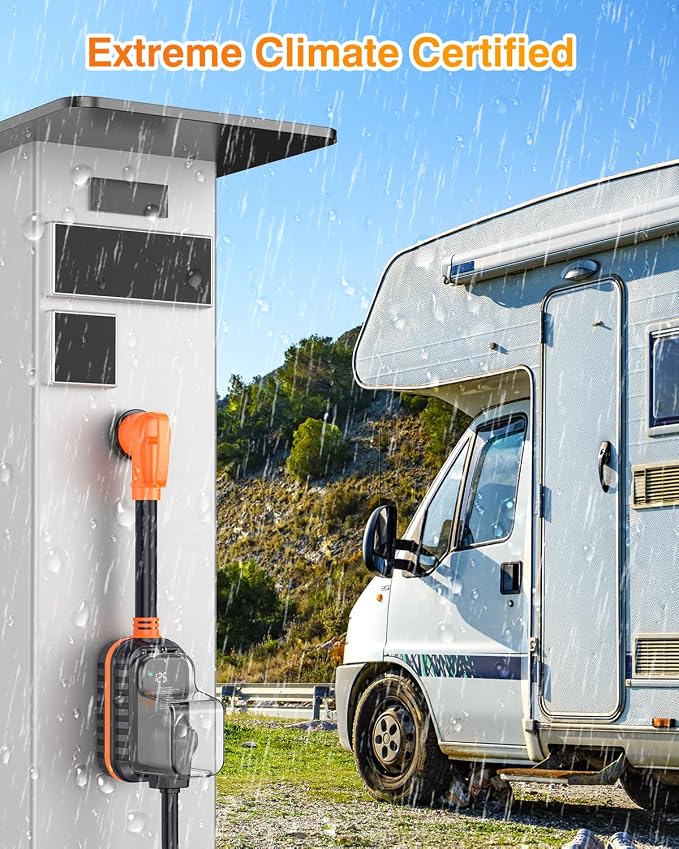 GEARGO 𝟐𝟎𝟐𝟔 𝐍𝐄𝐖 50 Amp RV Surge Protector, 18000J RV Circuit Analyzer with Intelligent LED Display, IP68 RV Adapter Plug with Waterproof Cover for Camper Travel Trailers