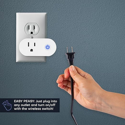 RunLessWire Wall Plug Bluetooth Battery-Free Wireless Light Switch Kit 30ft BLE Range Self-Powered by Kinetic Energy for Easy Control of Outlets: 1 Remote Switch Controls 1 Plug-in Receiver - White