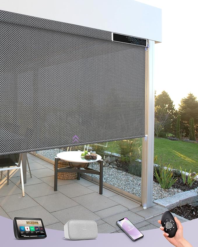 Graywind Motorized Outdoor Shades for Patio, Work with Alexa & Google, Solar Powered Electric Roller Shades for Outside, Custom Size (3% Openness, Black Pearl)