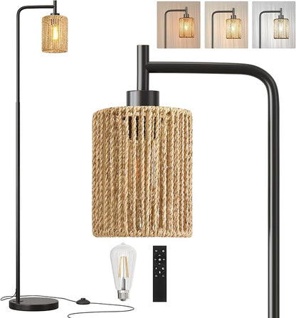 Oneach 66" Black Floor Lamp for Living Room, Boho Floor Lamp with Remote Control and LED Bulb, Rattan Shade, Industrial Tall Farmhouse Standing Lamp for Bedroom, Dining Room, Study Room, Office
