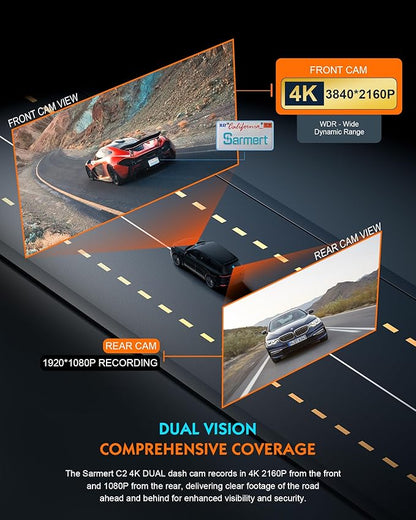 Sarmert C2 4K Dual Dash Cam Front and Rear - Built-in GPS and 5G WiFi, Free 64GB Card Included, 4K UHD Dash Camera for Cars, Night Vision, WDR, Loop Recording, App Control, 24H Parking Mode