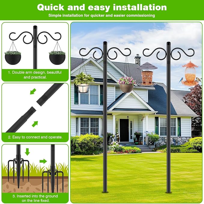 RCUICA Double Shepherds Hooks for Outdoor,2 Pack 110Inch Bird Feeder Pole with 5 Prongs Base,Heavy Duty Shepherds Hook,Suitable for Garden in Hanging Flower Basket,Lantern,Bird Nests (110 inch)