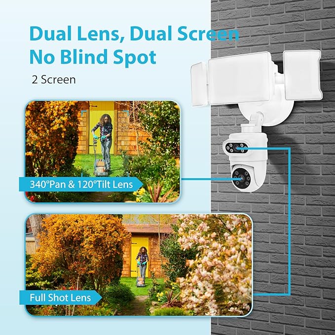 Olafus 2K Dual Lens Security Camera Outdoor, 360° Auto Tracking, 5500LM Floodlight, Color Night Vision, Motion Detection, 2-Way Audio, Alexa/Google Home, 2.4G WiFi Flood Light Camera Outdoor Wired