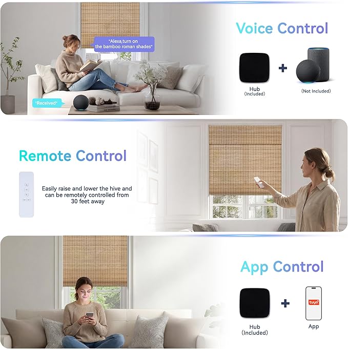 Motorized No Drill Bamboo Roman Blinds with Remote,Cordless Smart Light Filtering Bamboo Roman Shades for Indoor Windows,Alexa Google Home,APP Control,Brown28D07,35" W x 64" H