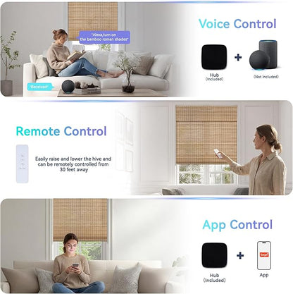 Motorized No Drill Bamboo Roman Blinds with Remote,Cordless Smart Light Filtering Bamboo Roman Shades for Indoor Windows,Alexa Google Home,APP Control,Brown28D07,35" W x 64" H