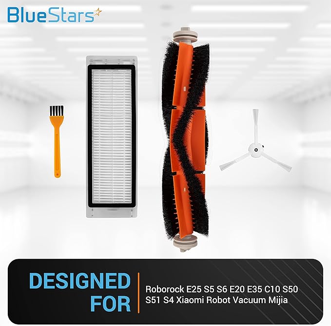 BlueStars Replacement Parts for Roborock S6 Pure S6 E4 S4 S4 Max S5 S5 Max E2 E3 E5 E20 E25 E35 S50 S65 C10 Xiaomi Mijia Robot Vacuums – 2 Roller Brushes, 4 Side Brushes, 4 Filters, Sweeping Brush