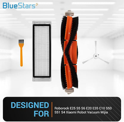 BlueStars Replacement Parts for Roborock S6 Pure S6 E4 S4 S4 Max S5 S5 Max E2 E3 E5 E20 E25 E35 S50 S65 C10 Xiaomi Mijia Robot Vacuums – 2 Roller Brushes, 4 Side Brushes, 4 Filters, Sweeping Brush