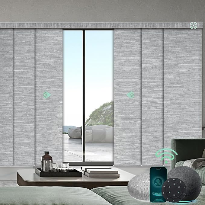 Yoolax Custom XL Smart Sliding Door Blinds, Motorized Sliding Panel Blinds Compatible with Alexa, Fabric Blackout Vertical Rechargeable Battery Shades for Glass Doors(Foggy Grey)