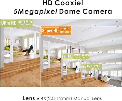 5MP 4MP Dome Super Hybrid Security Camera 4in1 TVI/CVI/AHD/960H CCTV Surveillance Security Camera 2.8-12mm Varifocal Lens Waterproof Day&Night Vision Outdoor/Indoor 98ft IR Camera White