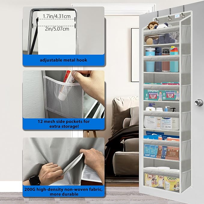 over the door organizer, Solid Bamboo Board (Not Plastic!) 6-Tier Heavy Duty 75LB, 12 Side Pockets, 3 Reinforced Hooks & Anti-Slip Pads, Waterproof & Washable, No Sagging, No Door Damage,Grey