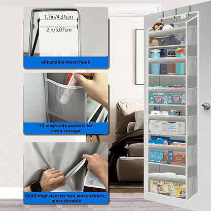 over the door organizer, Solid Bamboo Board (Not Plastic!) 6-Tier Heavy Duty 75LB, 12 Side Pockets, 3 Reinforced Hooks & Anti-Slip Pads, Waterproof & Washable, No Sagging, No Door Damage,Grey
