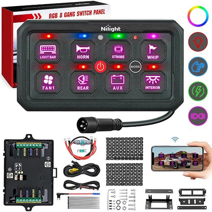 Nilight 8 Gang Switch Panel APP RGB 12V 24V Circuit Control System 4-Mode | w/Power Source Switch APP Remote Control Automatic Dimmable Toggle/Momentary/Strobe/Flash for Car Pickup Truck Camper SUV