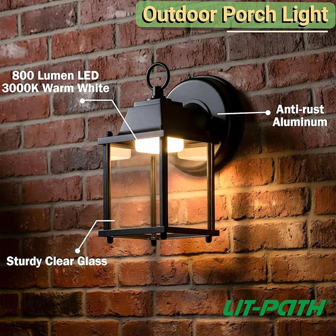LIT-PaTH Outdoor LED Wall Lantern, Wall Sconce as Porch Lighting Fixture, 3000K Warm White, 9.5W 800 Lumen, Aluminum Housing Plus Glass, Black Finish, 1-Pack